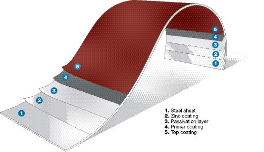 Cross section of the steel sheet with paint and zinc layers